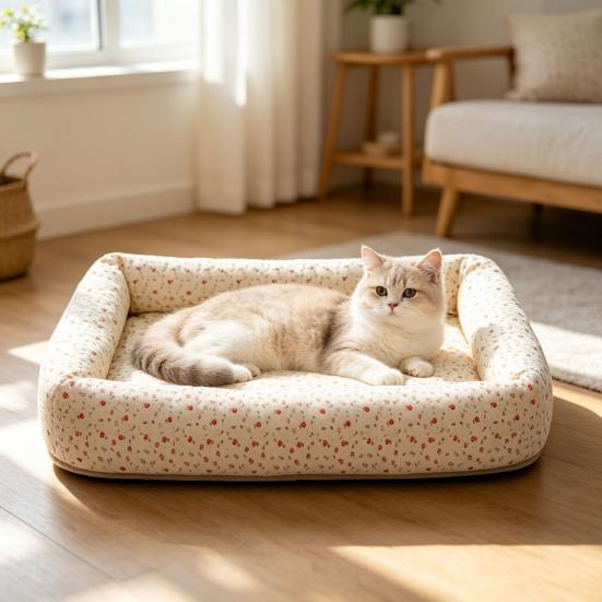 Quilted Cat Bed Breathable Floral Pet Lounger Machine Washable Pet Bed with Raised Edges for Cats Small Dogs