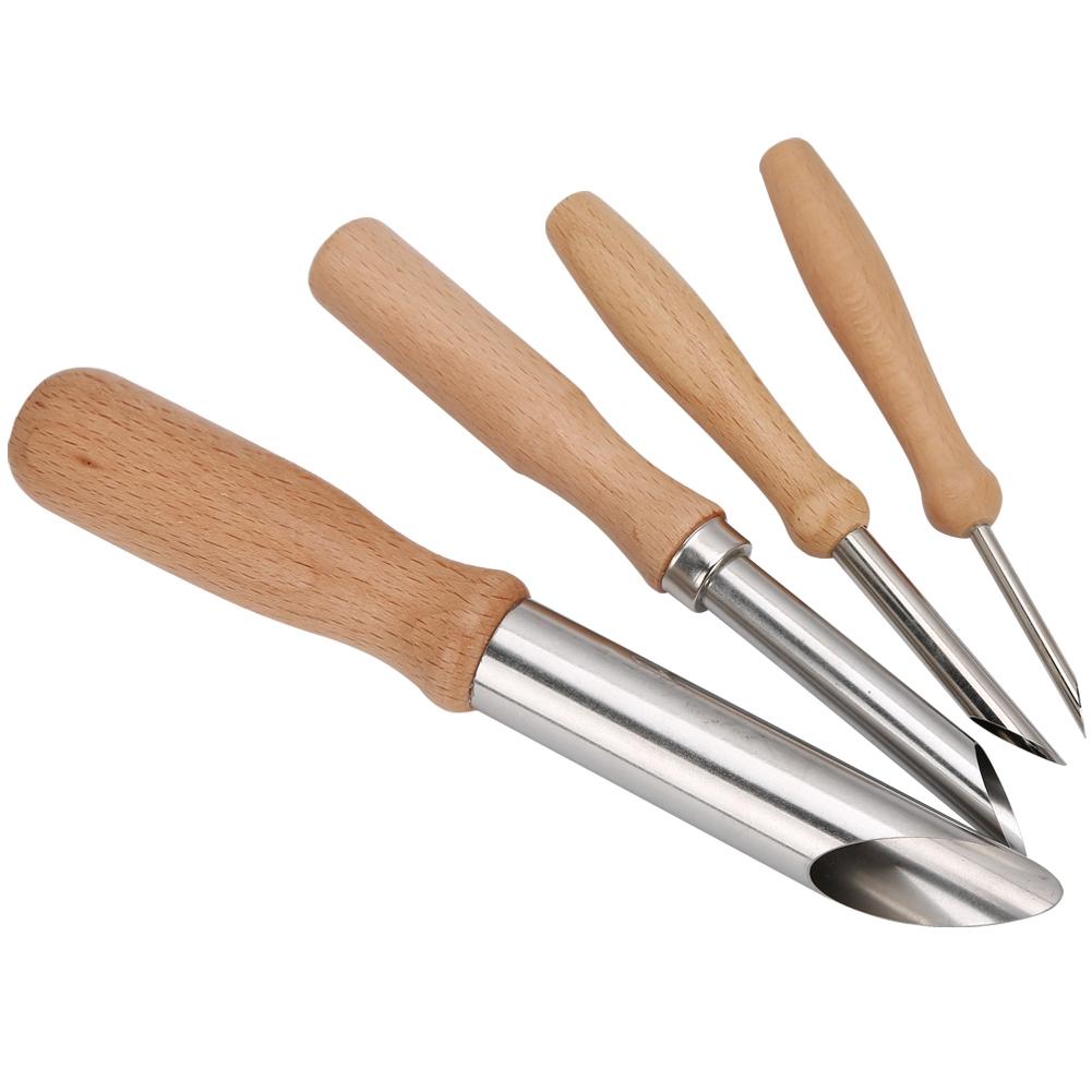 4 Piezas Herramienta de Cerámica Acero Inoxidable Perforador de Agujeros Mango Redondo de Madera Juego Hecho a Mano