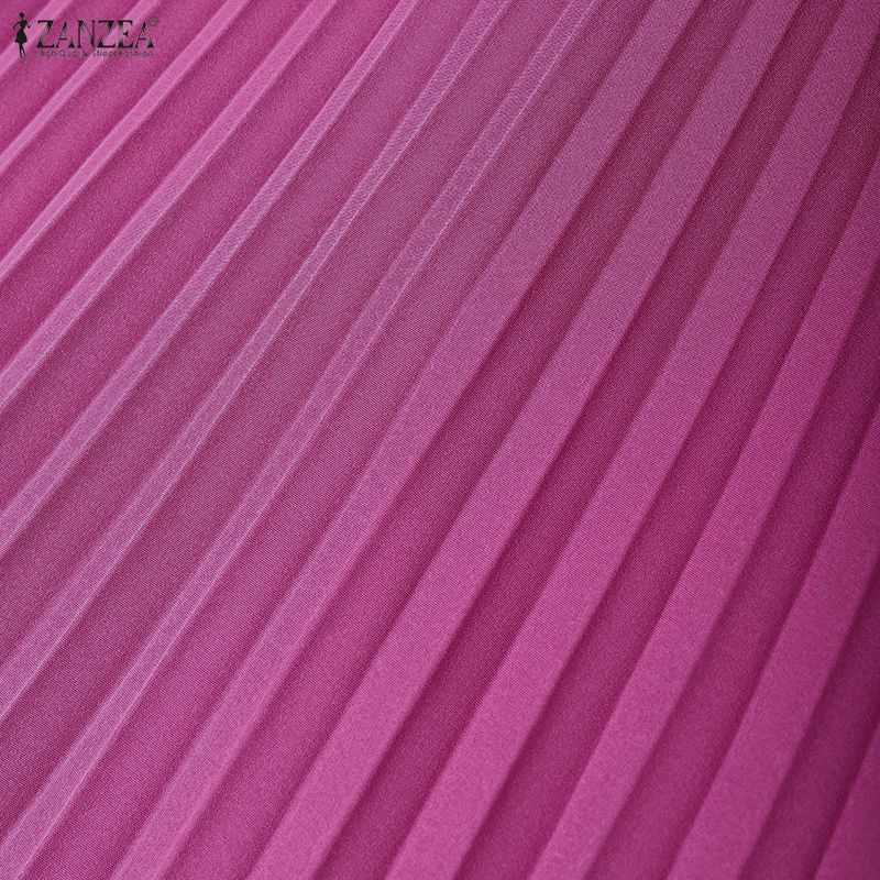 ZANZEA Women Casual V-Neck Summer Short Sleeve Pleated Dress