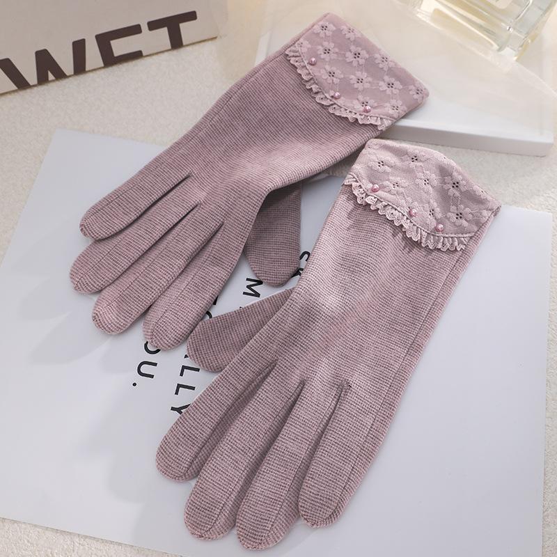 Warm Gloves Single Layer Women's Elegant Lace Houndstooth Outdoor Riding Cold Proof and Wind Proof Touch Screen Autumn and Winter Gloves