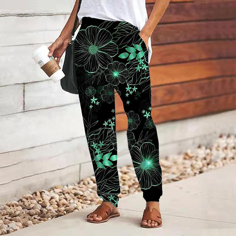Women Flower Printing Pants Lace Up Elastic Waist Loose  Trousers Casual Long Pants Trousers with Pockets