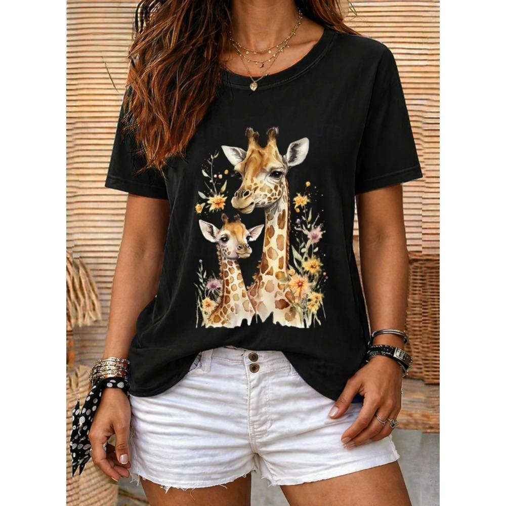 Fashion Women Retro Creative Giraffe Pattern Print T Shirt Funny Casual O-neck Short Sleeves T-shirt Summer Female Tee Shirt