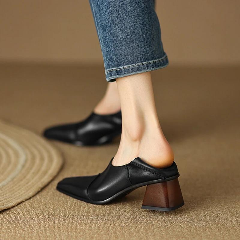 Fashion NEW Spring Women Pumps Genuine Leather Shoes for Women Square Toe Chunky Heel Women Shoes Solid High Heels Simple Ladies Shoes
