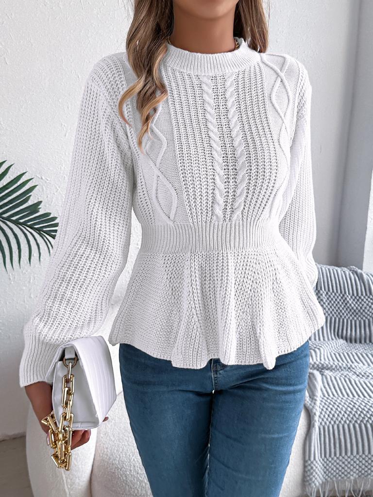 Damen Einfarbig Zopfmuster Peplum Saum Ballonärmel Langarm Rundhalsausschnitt Pullover Pullover Oberteil