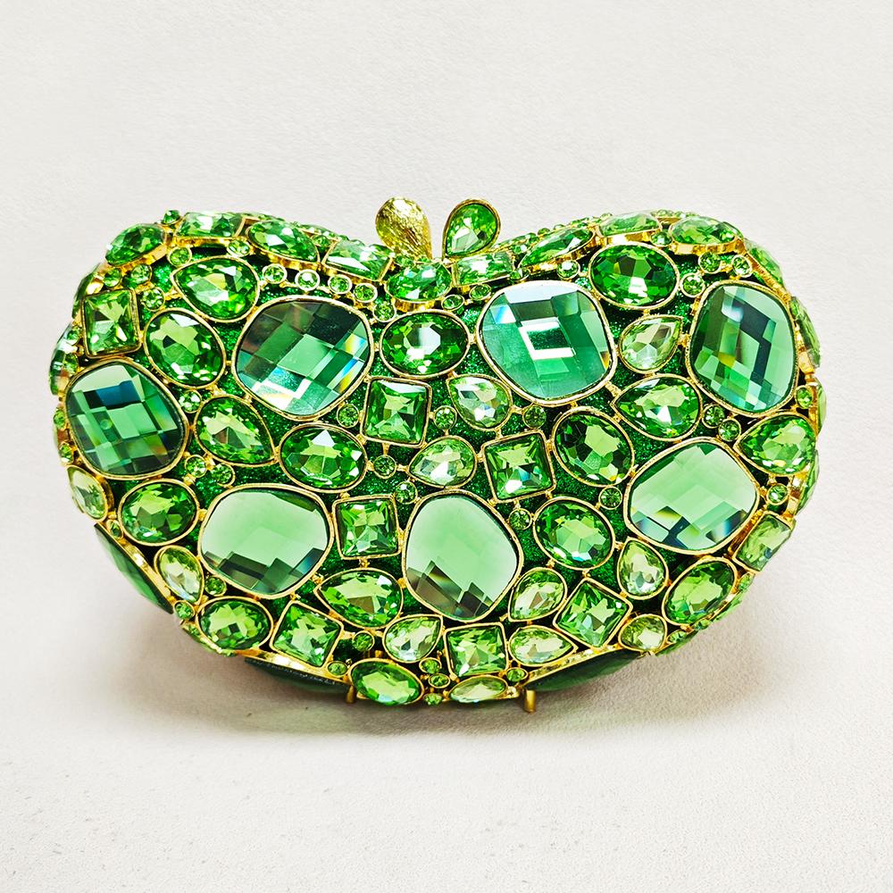 WHTUOHENG Green Stone Bags Heart Shape Silver Crystal Evening Purses Women's Diamond Wedding Bridal Clutches Rhinestone Bags