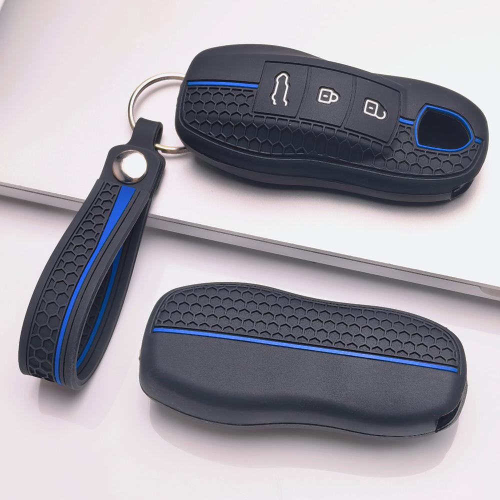 Silicone Car Key Fob Cover for Porsche Taycan 718 Spyder GT3 RS Boxster Cayman with Keychain Honeycomb Texture Racing Stripe Key Shell Accessory