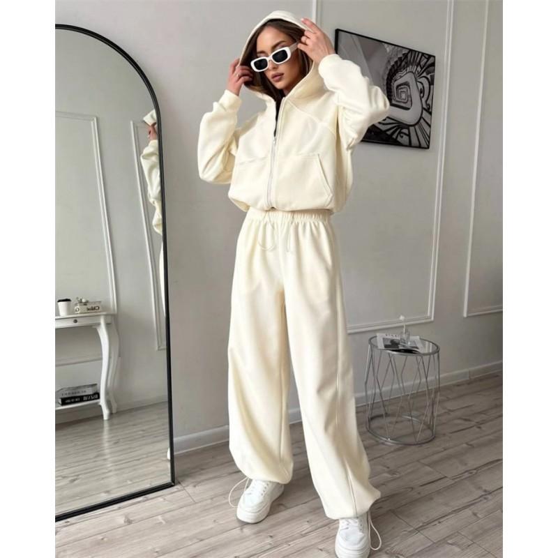 Womens 2-Piece Tracksuit Solid Color Long Sleeve Zip Up Top Elastic Waist Pants Casual Sportswear