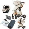Passeggino 3 in 1 Bambino Combinato Seggiolino Auto Navicella Trio Reversibile Regolabile Alta Qualità Ruote Antiforatura Bianco Sporco