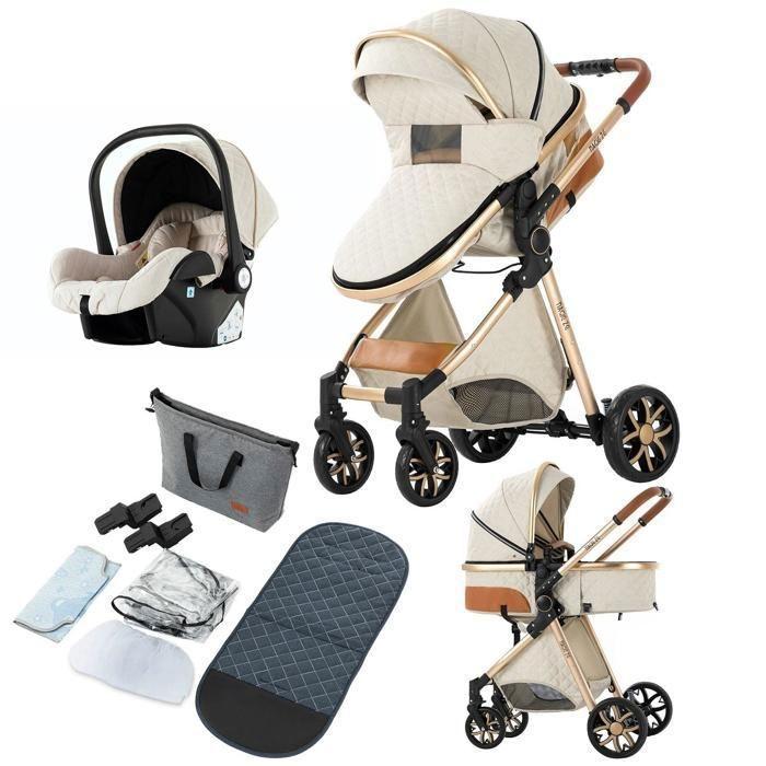 Passeggino 3 in 1 Bambino Combinato Seggiolino Auto Navicella Trio Reversibile Regolabile Alta Qualità Ruote Antiforatura Bianco Sporco