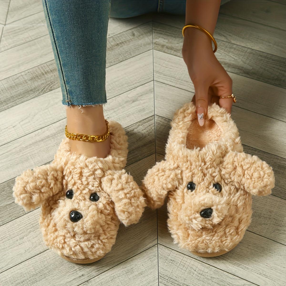 

Милые плюшевые тапочки-собачки для женщин - Повседневный стиль, Всесезонный комфорт для дома и улицы, Тканевые слипоны, которые можно стирать вручную, с подошвой из ЭВА 44-45