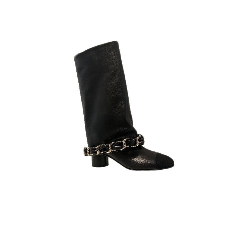 Sheepskin Version Leather Chain High Heel Medium Boots Long Johns Tube Boots Women's Thin Knight Boots Thick Heel Boots