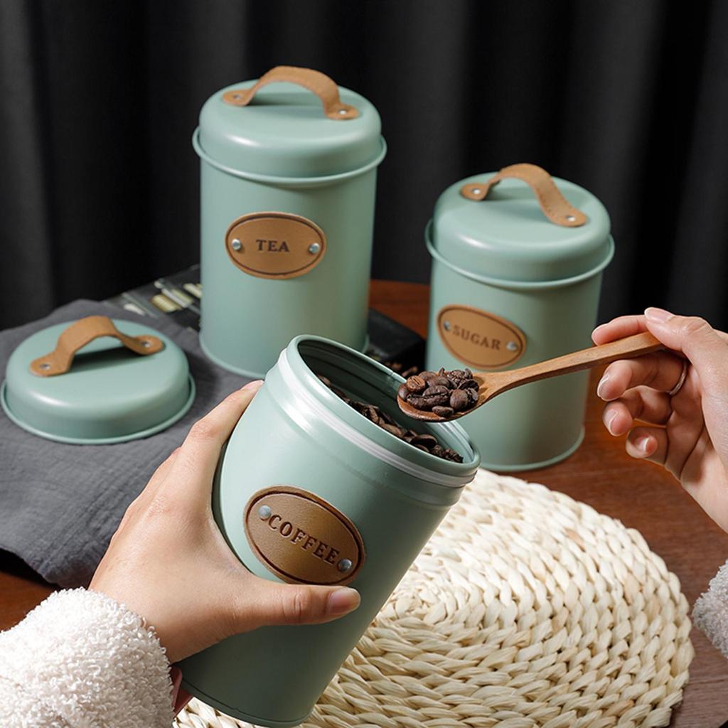 3Pcs Tea Coffee Sugar Canisters with Handle Seal Lid Can Tin Countertop