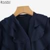 ZANZEA Women's Summer Casual V-Neck Short Sleeve Solid Color Loose Ruffle Blouse
