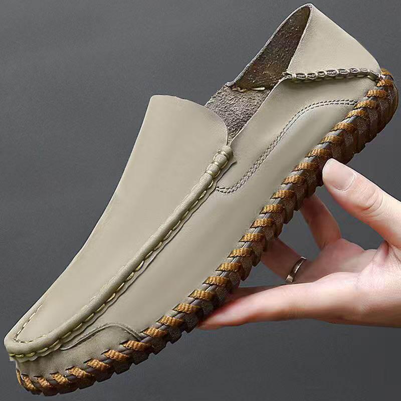 Summer Men s Casual Cowhide Slip-On Loafers - Soft Sole Handmade Shoes 38