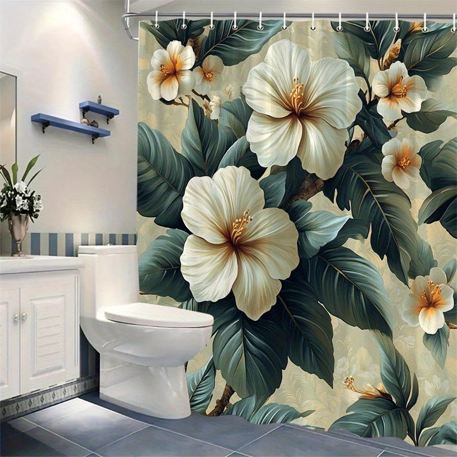 1Pc Cream Hibiscus Flower And Green Leaves Shower Curtain, Polyester Fabric, Machine Washable, Suitable For Bathroom Decoration