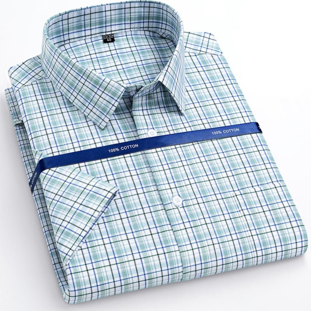 

Мужская рубашка с коротким рукавом весна-осень 100% хлопок рубашки удобная дышащая деловая повседневная полоска цвет 38-53 51 светло-зеленый