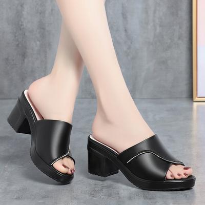 Shoes For Women Slippers 2025 New Summer Pumps Casual High Heels Thick-heeled Solid Color Round Toe Slides Outside Leisure