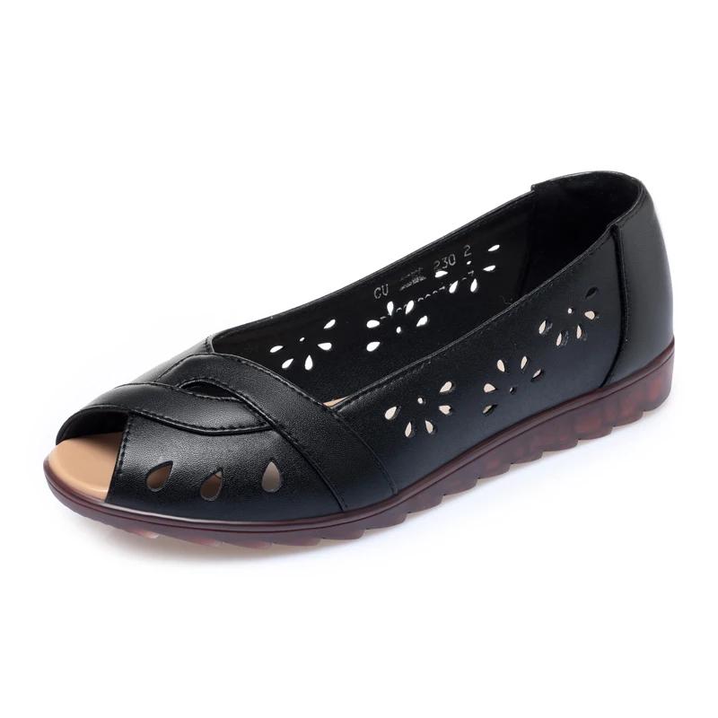 2025 Newly Cutout Leather Sandals Woman Fashion Peep Toe Wedge Summer Shoes Ladies Slip On Hollow Out Loafer Sandal Mom's Shoes
