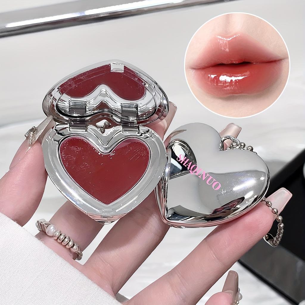 SHAQINUO Heart Shaped Mirror Lip Gloss Moisturizing Hydrating Solid Lip Balm Cute Silver Case Glossy Lip Tint Long Lasting Makeup Gift for Women