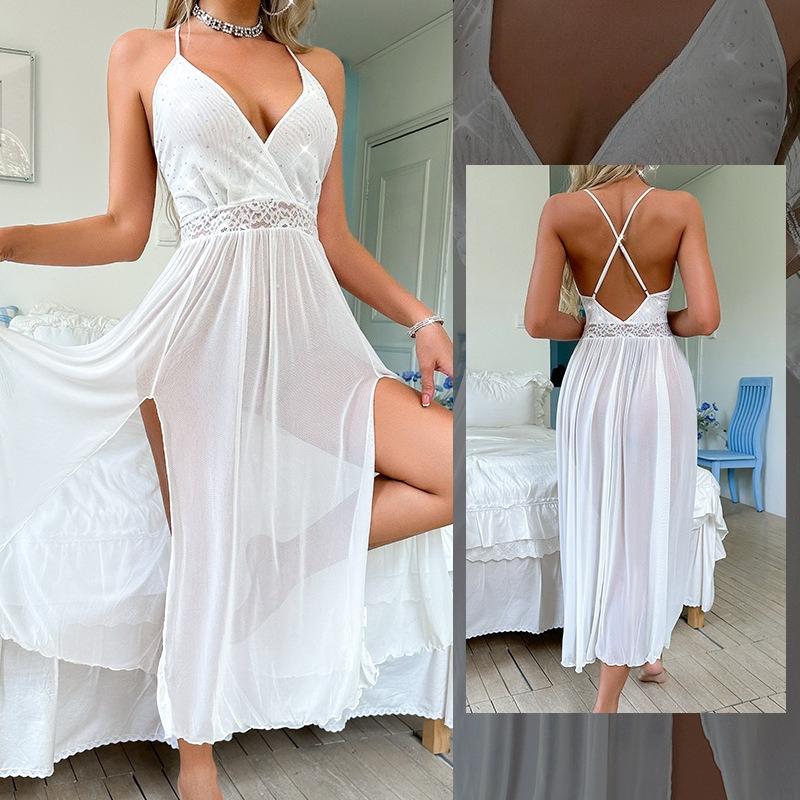 Heißes Netz-Camisole-Nachthemd mit tiefem V-Ausschnitt und hohem Schlitz, einfarbig, sexy, langes Loungewear 713 Glitzerndes, gewagtes Nachtwäsche, verziert mit glänzenden Strasssteinen