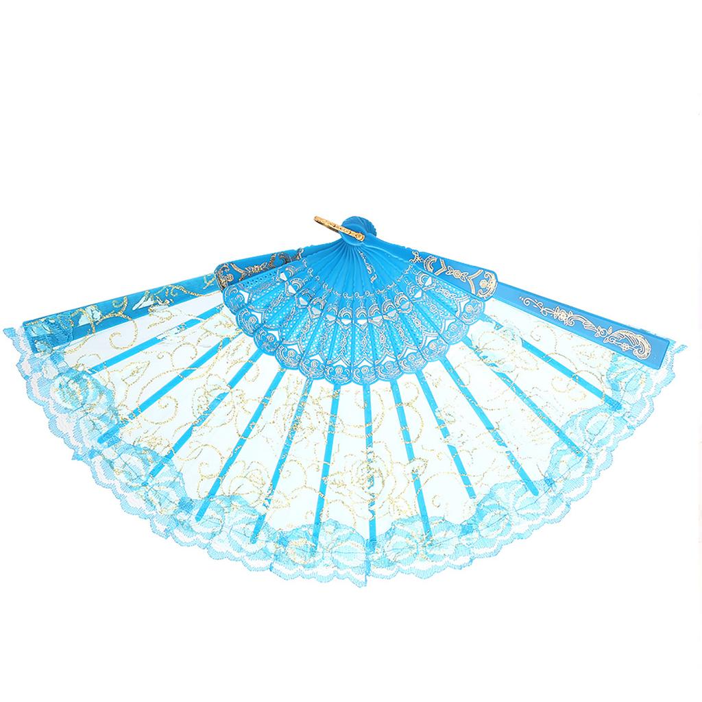European Hand Lace Flower Gilding Folding Fan Dancing Party Fan(lake blue)
