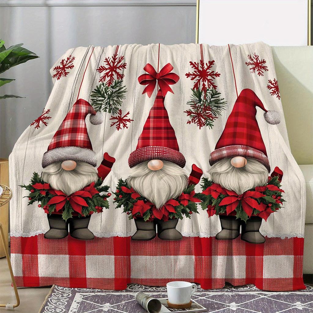 Cozy Flannel Christmas Blanket with Plaid Gnome & Snowflake Design - Soft, Warm Throw for Couch, Bed, Car, Office, Camping