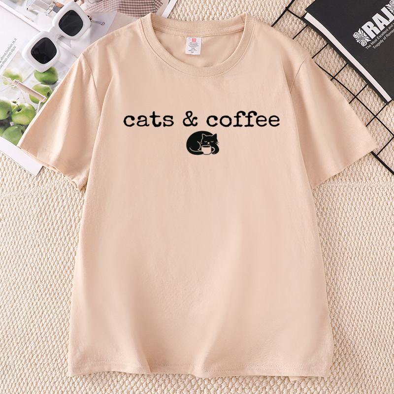 Cats and Coffee Lover Tee Unisex Funny Black Cat Tshirt Casual Round Neck Printed Graphic Tee Summer Cotton Shortsleeve Tee