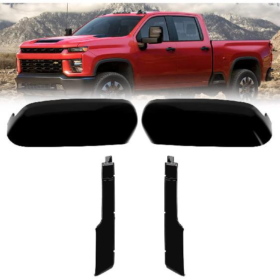 Glossy Black Towing Top+Side Clip-On Mirror Covers Replace for 2020 2021 2022 2023 2024 Chevy Silverado GMC Sierra 2500HD 3500HD (Black)