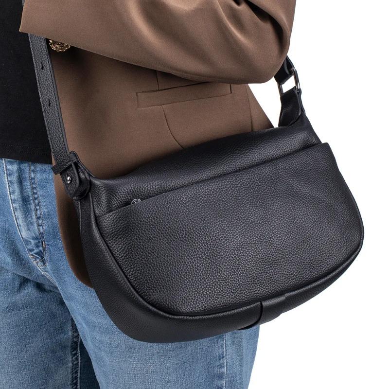 Genuine Leather Simple Dumpling Bag, 2026 Women's Handbag First Layer Cowhide Versatile Shoulder Crossbody Commuter Saddle Bag