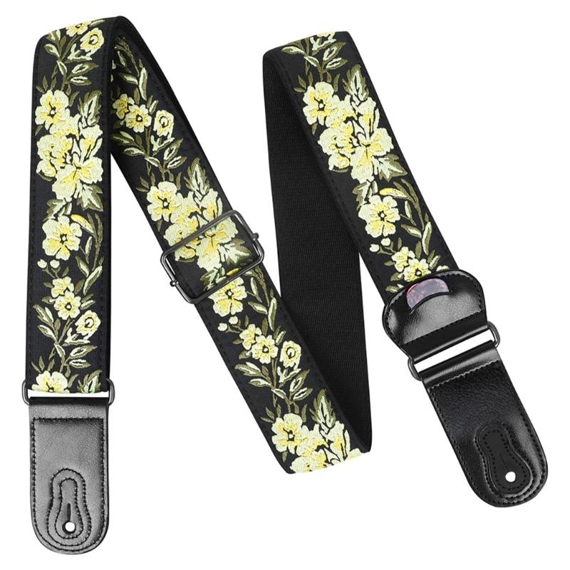 National Style Guitar Strap with Pick Pocket Adjustable Soft Cotton Shoulder Strap Leather Ends Guitar Straps