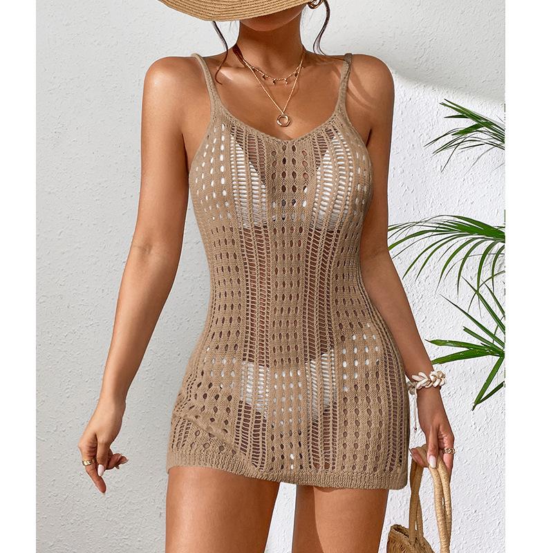 European and American Women's See-Through Spaghetti Strap Knit Beach Dress