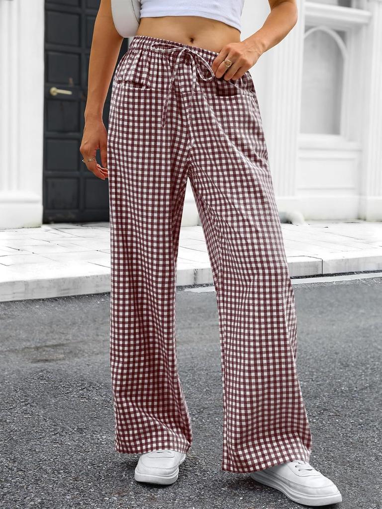 Women's High Rise Wide Leg Pants Loose Fit Trousers Plaid Drawstring Woven Spring Casual Long Pants For Daily Street Outfit