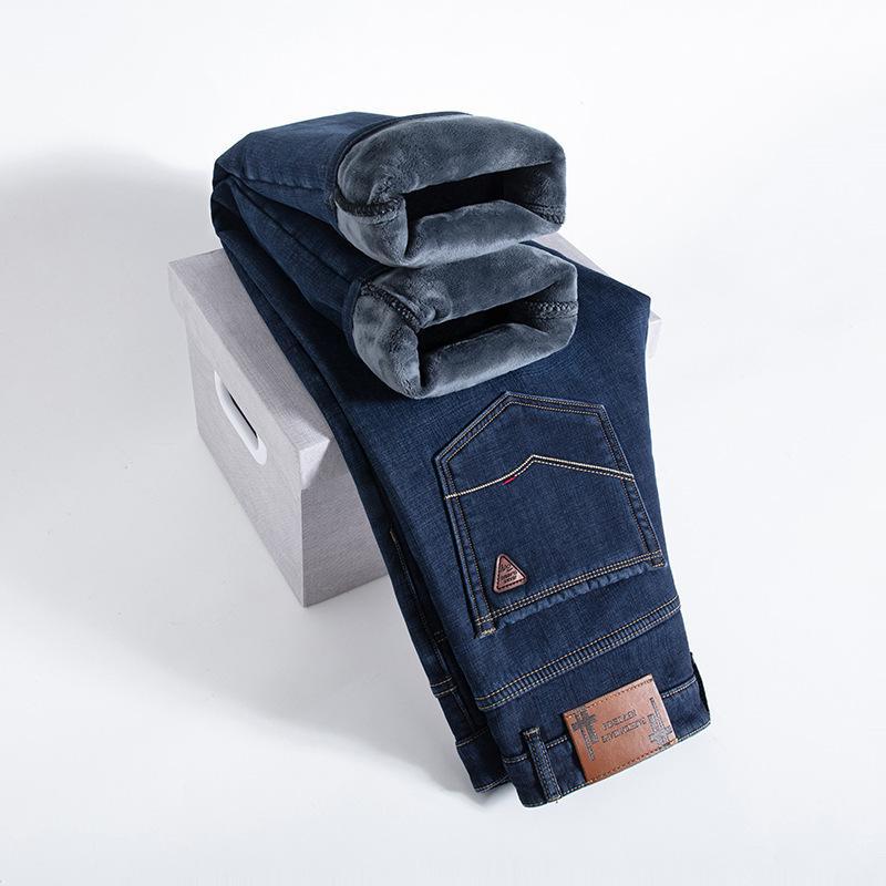 Spring and Autumn Jeans Straight Loose Fleece Thickened Warm Business Elastic Casual Pants