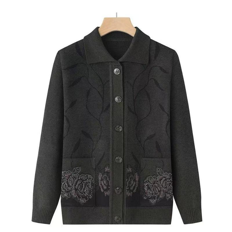 Middle-aged Elderly Cardigan Knitted Coat Grandma Old Lady Autumn Winter  Pocket Mother Sweater Lapel