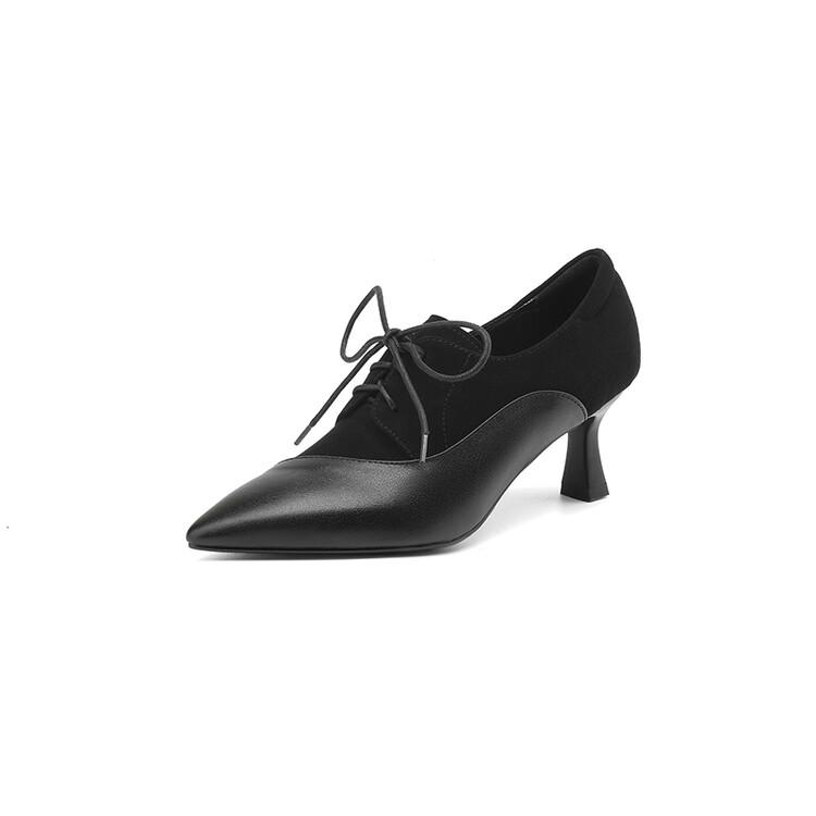 Fashion New Spring Autumn Genuine Leather Lace High Heels Women Pointed Toe Shoes for Women Comfort Women Pumps Zaptos Mujer Black Brown