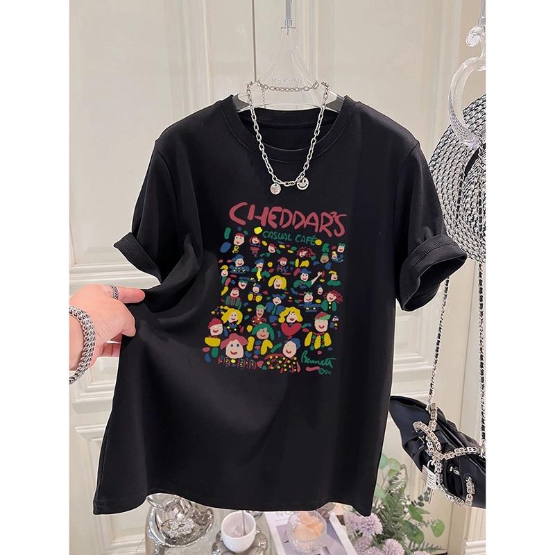 2025 Summer Funny Cartoon Print T Shirt for Women Harajuku Pure Cotton Oversized T-shirt Women's Luxury Clothing White Black Y2k Tops Streetwear