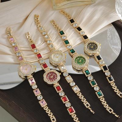Women Bracelet Watch Ladies Round Shaped Rhinestone Inlaid Quartz Wristwatch