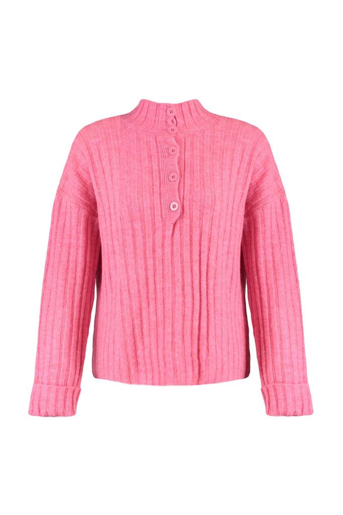 Women's Elegance Style Cardigan Pink Crop Soft Textured Stand Collar Knitwear Cardigan