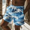 Men's Blue-White Gradient Wave Stripe Print Drawstring Shorts, Spring
