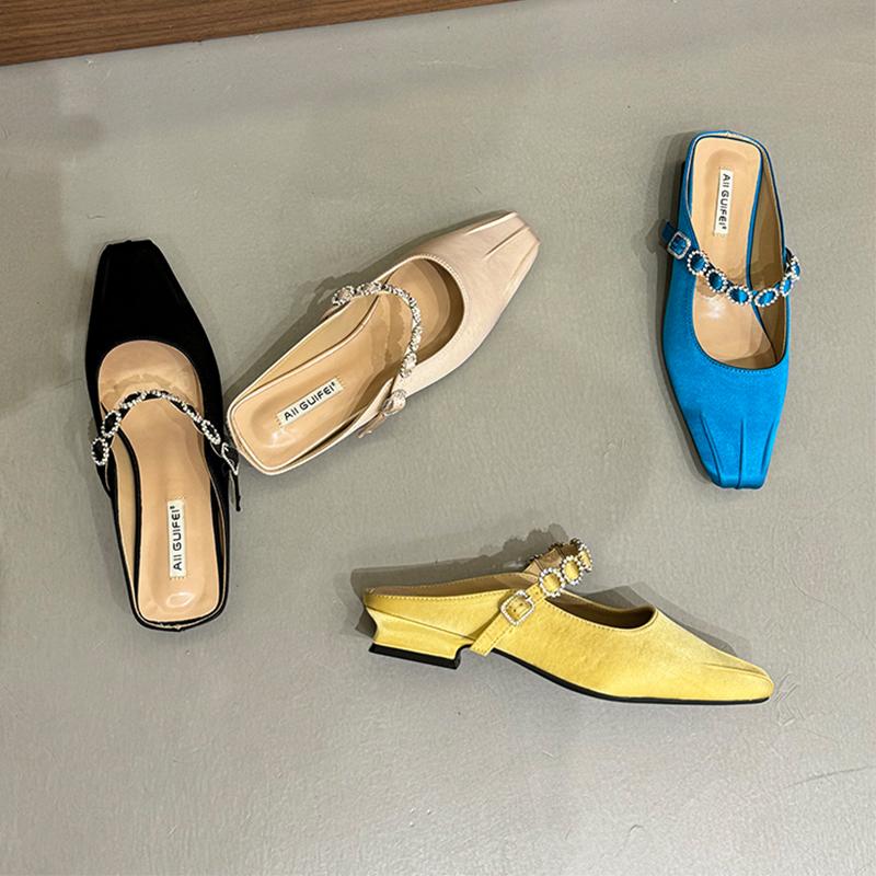 Women Crystal Mules Flats Slippers Designer Sandals 2025 New Dress Square-toe Leather Slides Summer Slingback Buckle De Mujer