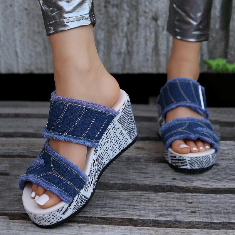 Women Shoes Casual Fashion Vacation Daily Wear Summer Newspaper Buckled Denim Wedge Slippers Sandals