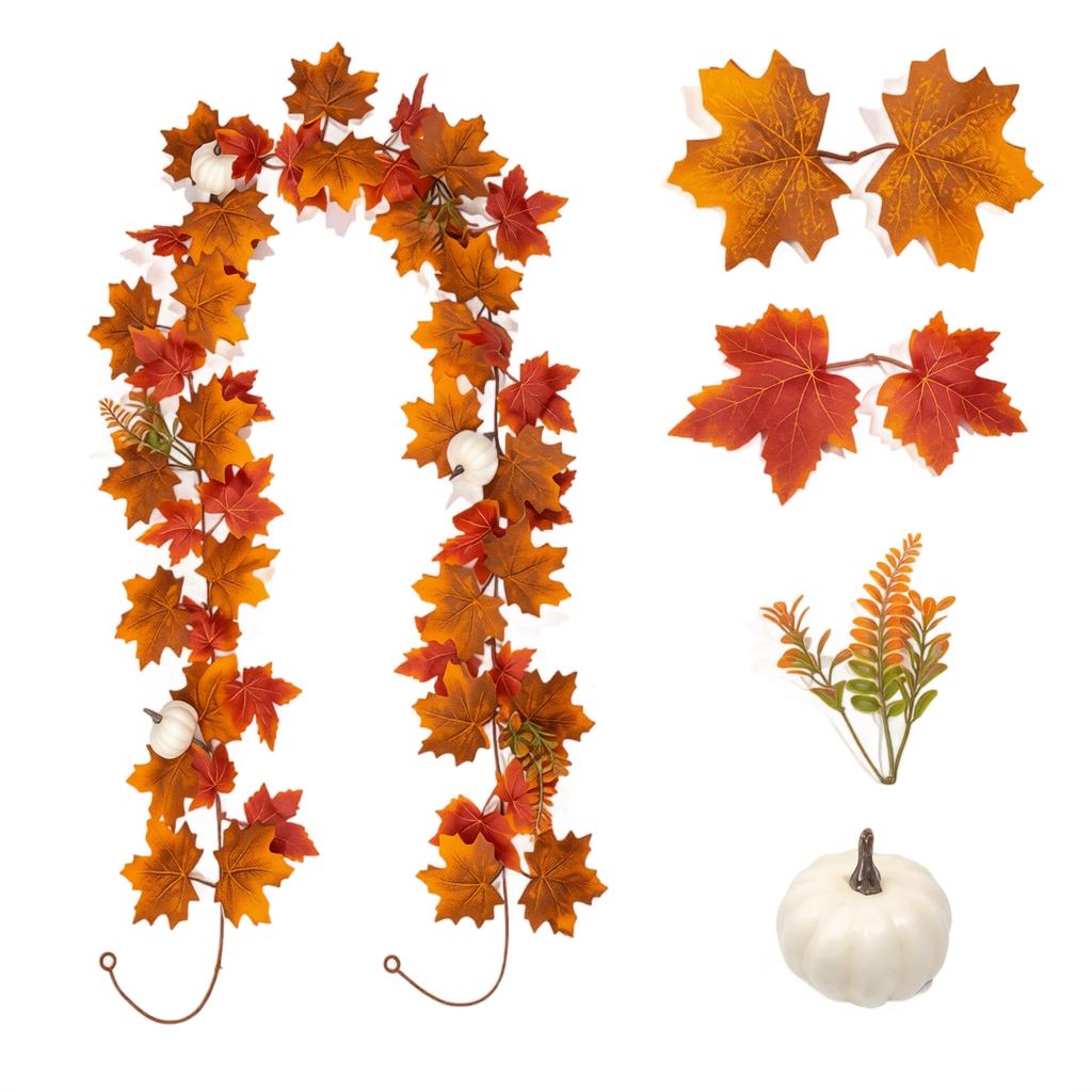 Artificial Maple Leaf Garland with Pumpkin and Fern for Autumn Indoor Outdoor Home Party Decoration