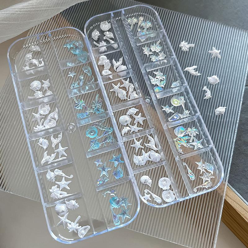 12Grid 60Pcs Ice-clear Seashell Starfish Ocean Series Nail Charms Resin Accessories Nail Art Decorations 3D Mixed Shell Manicure