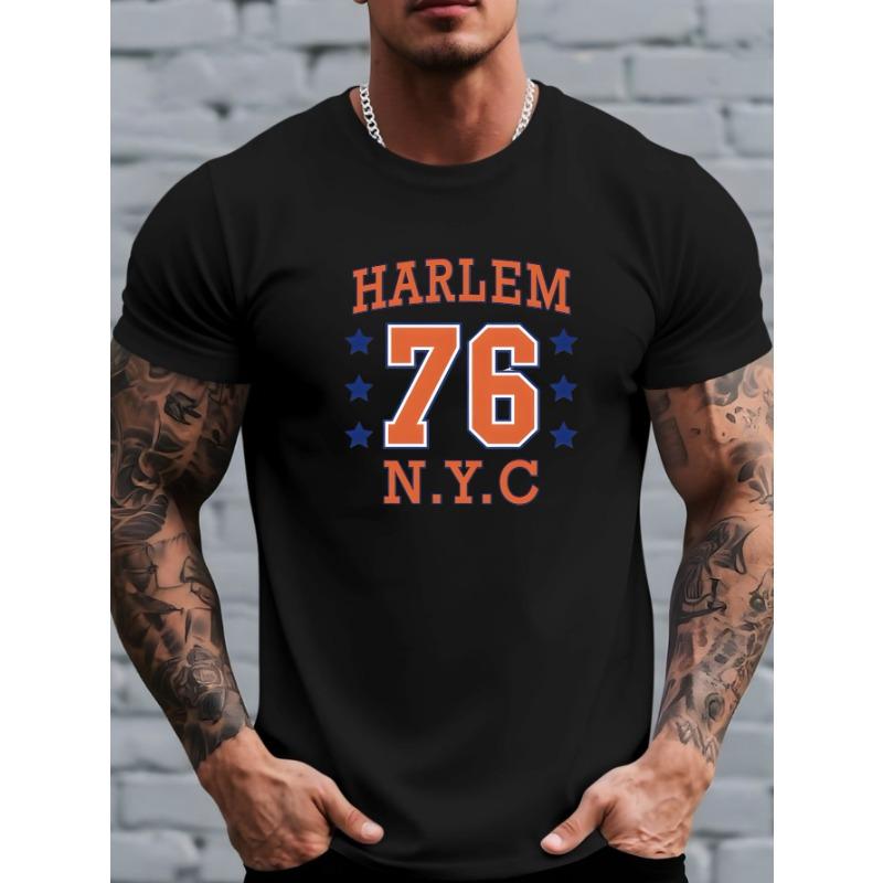 European Size American Retro NYC 76 Letter Pattern Print Men'S T-Shirt, Daily Top, Light, Quick-Drying, Men'S Pattern T-Shirt, Short-Sleeved T-Shirt