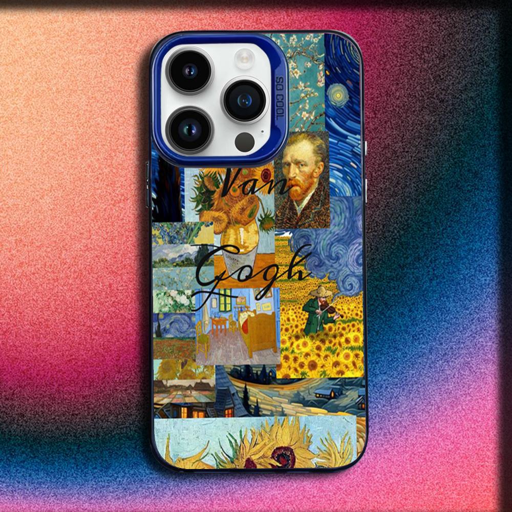 V-Van Gogh Starry Night Sunflower Cat Phone Case For iPhone 16,15,14,13,12,11,Mini,Pro,E,MAX Blue Matte Silicone Cover