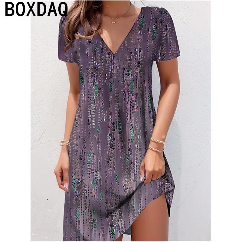 Women Summer Short Sleeve V-Neck Dress 3D Vintage Floral Gradient Elegant Dress Big Size Casual A-Line Dresses