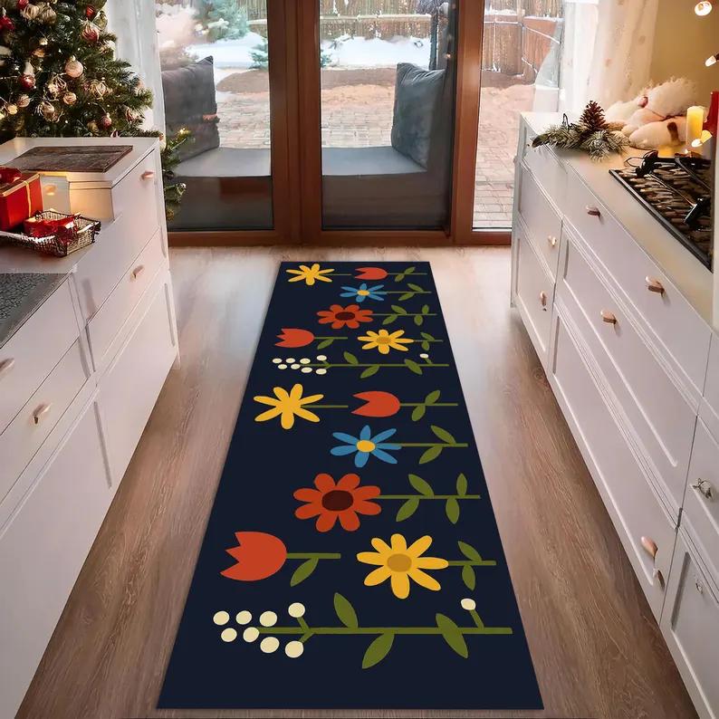 Floral Pattern Kitchen Carpet Mat Rug - Colorful Flower Design Home Decoration for Living Room Floor Mat Carpets for Living Room