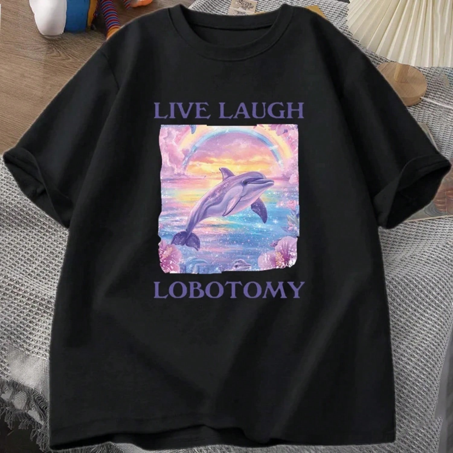 Live Laugh Lobotomy T Shirt Funny Dolphin Meme T-Shirt Silly Weird Short Sleeve Tshirt Unisex Printed T-Shirt Tops S разноцветный