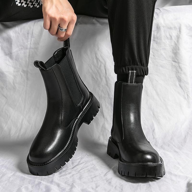 Chelsea boots men's high-top British smoke boots 2025 autumn and winter velvet Martin boots men's lleather shoes