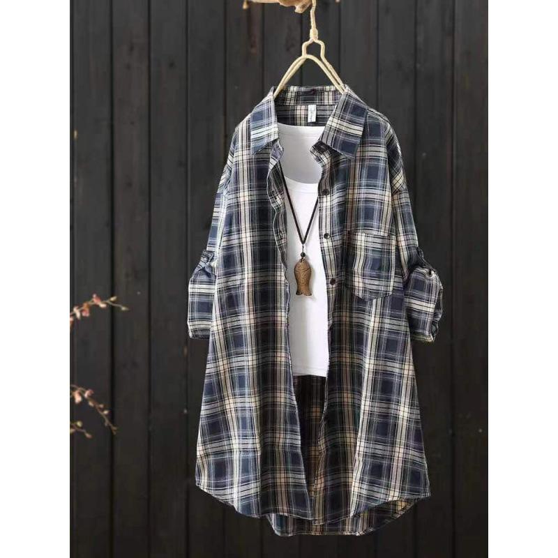 Medium and long plaid shirt women's fashion versatile long-sleeved shirt casual cardigan thin coat top